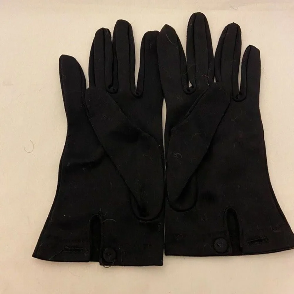 #6254 Vintage Womens Black Nylon Dress Gloves with Button closure Size M